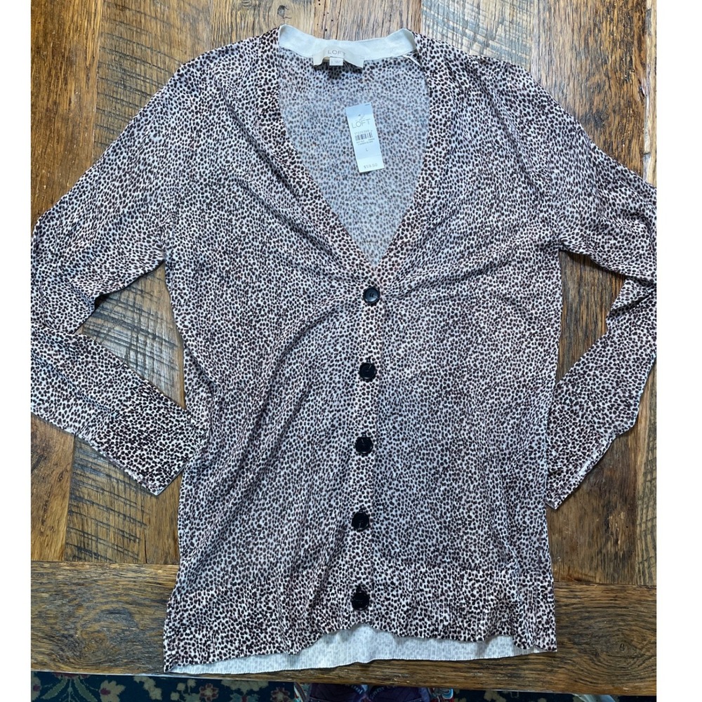 Loft Womens Animal Print V-Neck Button‎ Front Cardigan Sweater Brown Cream Large